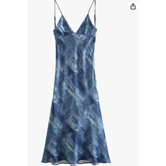 Zara Denim Print Bias Cut Spaghetti Strap Slip Dress M - Picture 1 of 8